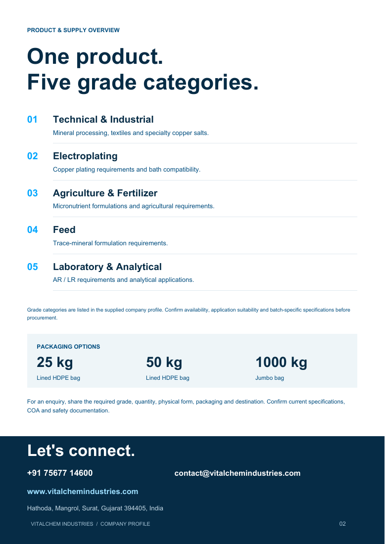 Company profile page 2: grades, packaging and contact information